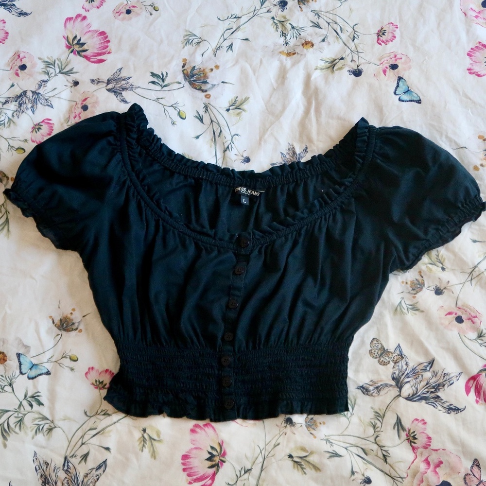 Vintage GUESS Jeans Cropped Button Front Peasant top Black 100% Cotton  L